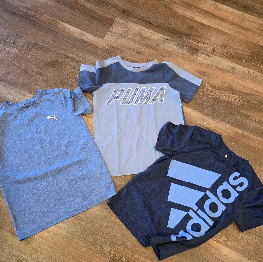 Puma Light Blue and Navy Short Sleeve Logo Tee Boys Size 8 Adidas And Puma Tees